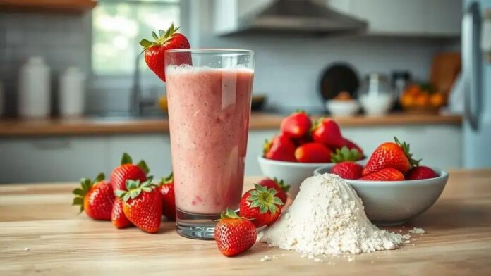 Smoothie Pós-Treino de Morango com Whey Protein: Bebida para Definição Muscular Smoothie Pós-Treino de Morango com Whey Protein: Bebida para Definição Muscular