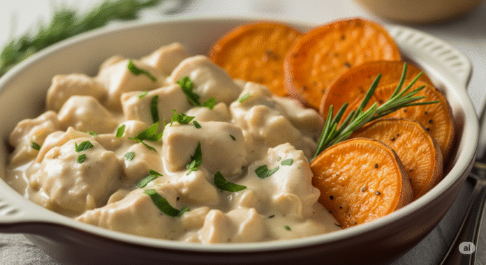 Strogonoff de Frango Cremoso com Batata-Doce Rústica