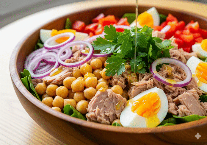 Salada de Grão-de-Bico com Ovo e Atum Leveza e Sabor em um Só Prato Salada de Grão-de-Bico com Ovo e Atum Leveza e Sabor em um Só Prato